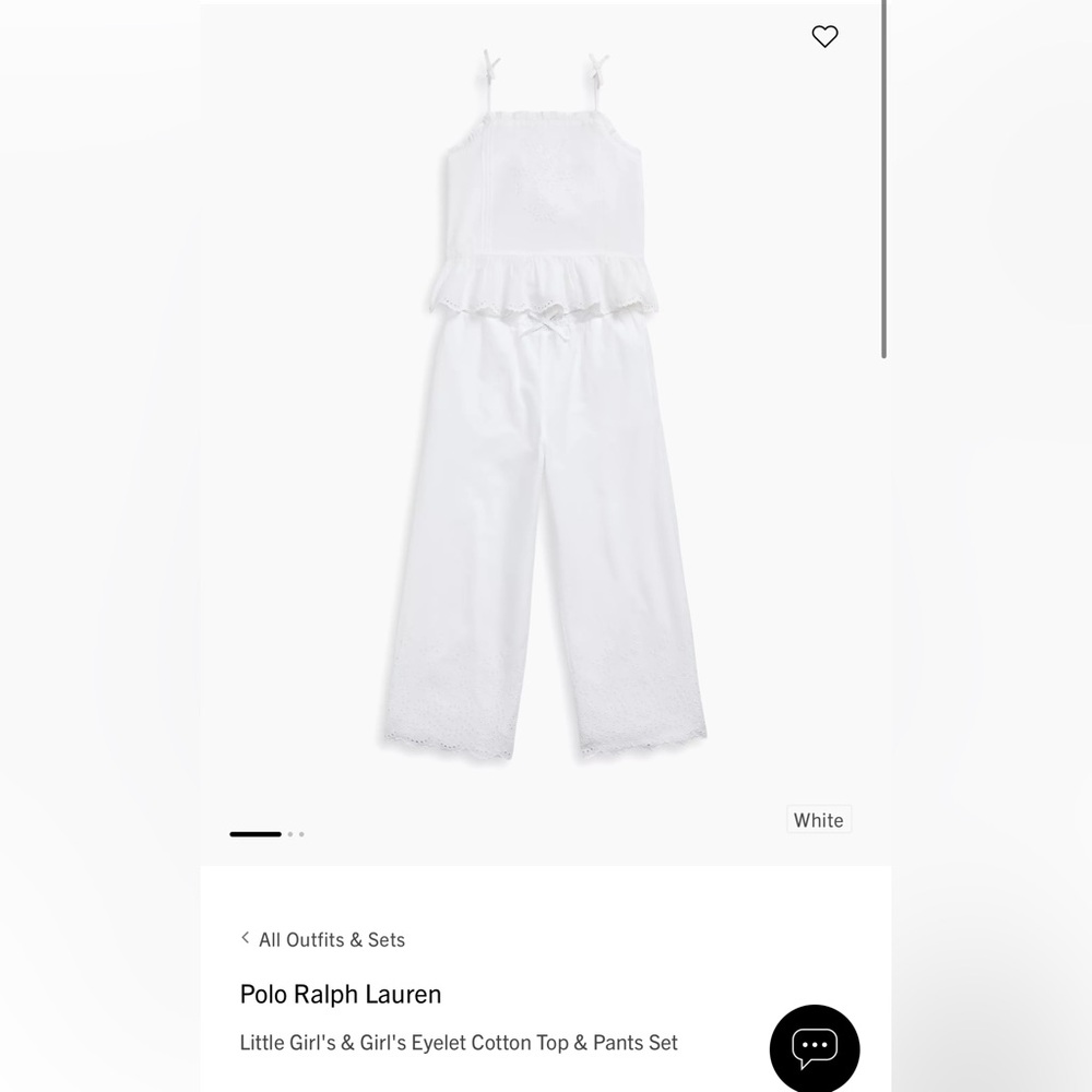 NWT Polo Ralph Lauren Girl White Eyelet Cotton Top & Pants Set Size 16 MSRP $185
